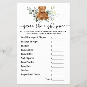 Guess Right Price Bear Greenery Baby Shower Game Flyer