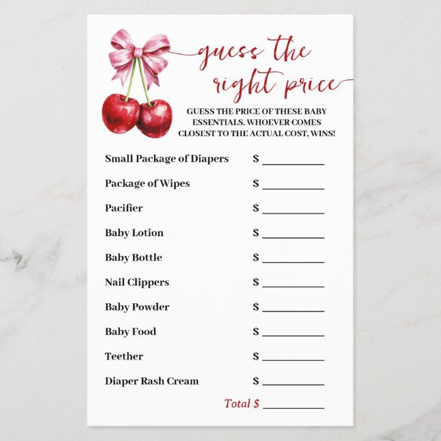 Guess Right Price Cherry Coquette Baby Shower Game Flyer (Front)