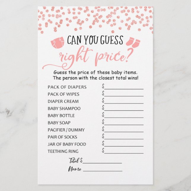 Guess right price Game Baby Shower Party game (Front)
