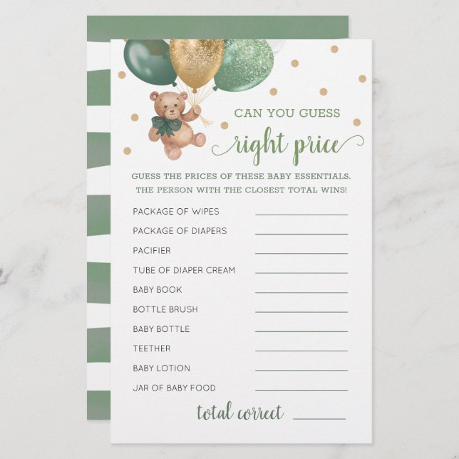 Guess Right Price Game Baby Shower Teddy Bear  (Front/Back)