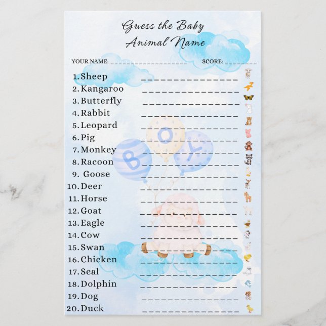 Guess the Baby Animal Game Baby Shower (Front)