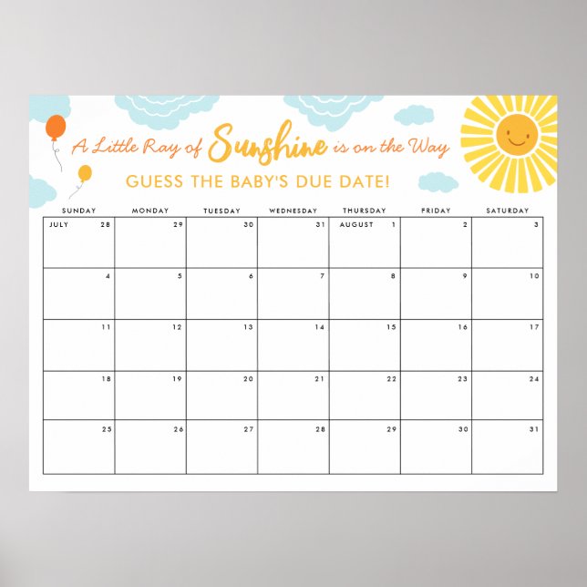 Guess the Baby Due Date Sign Little Ray Sunshine (Front)