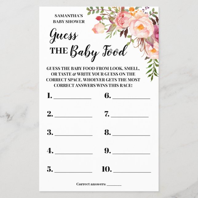 Guess the Baby food shower pink game card (Front)