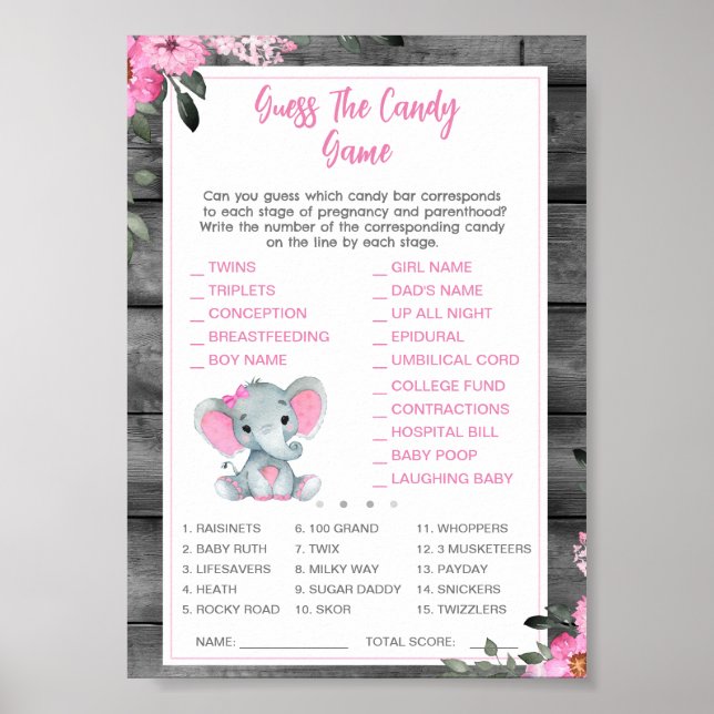 Guess the Candy Baby Shower Game Elephant Pink Poster (Front)