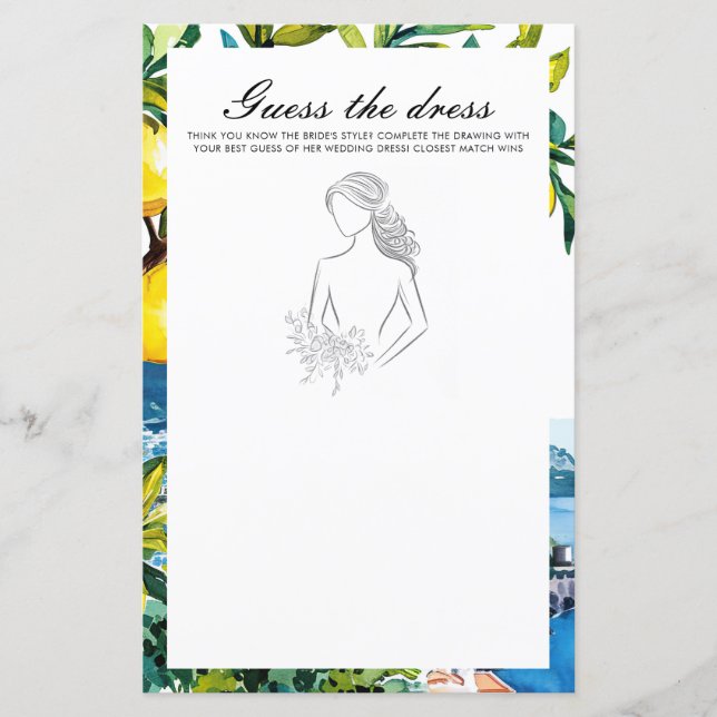 Guess the Dress Amalfi Bridal Shower Game (Front)