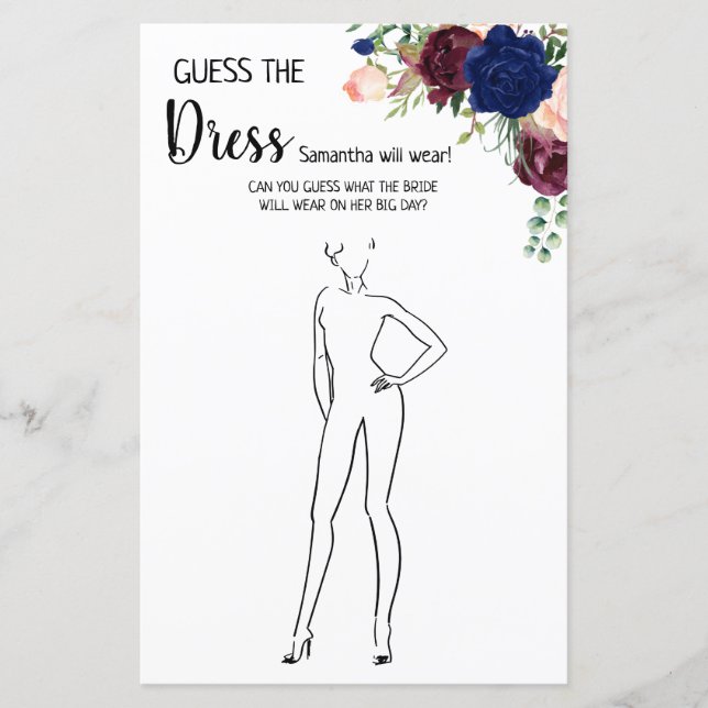Guess the dress bridal shower english spanish game (Front)