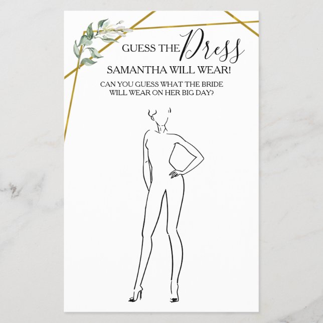 Guess the Dress Greenery Gold Shower Game Card (Front)