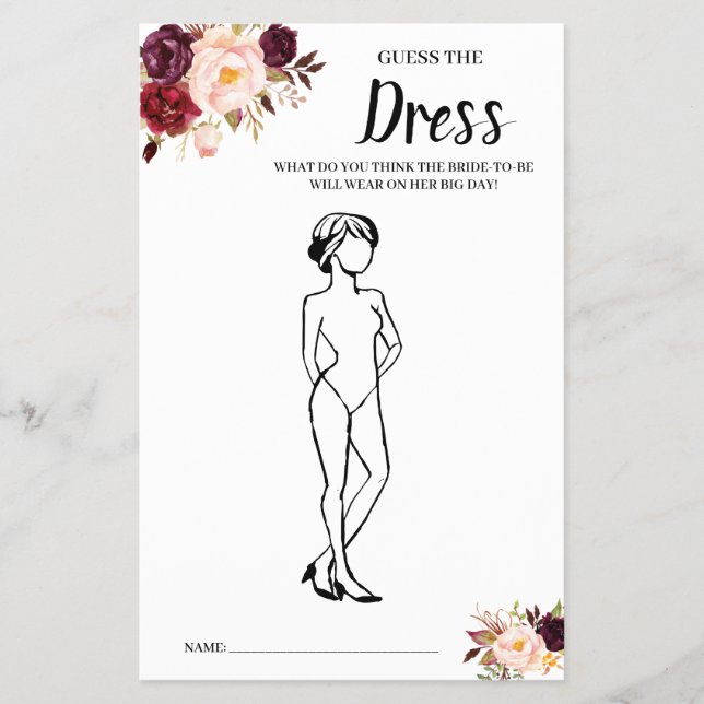 Guess the Dress Marsala Bridal Shower Game Card  (Front)