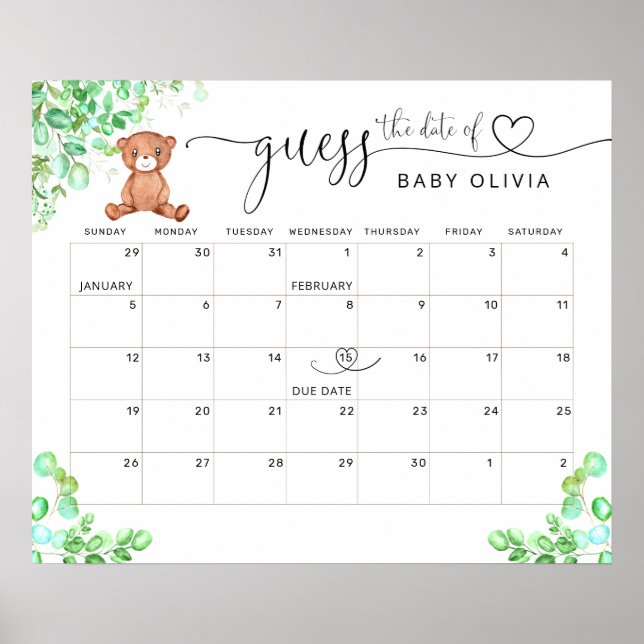 Guess The Due Date Calendar Bear Poster (Front)