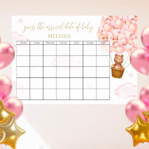 Guess The Due Date Teddy Bear Pink Balloons Poster