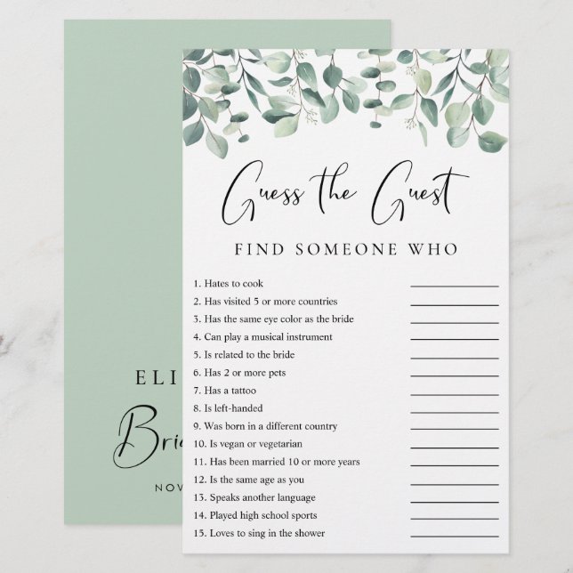 Guess the Guest Eucalyptus Shower Game (Front/Back)