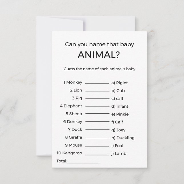 guess the name baby animal baby shower game Card (Front)