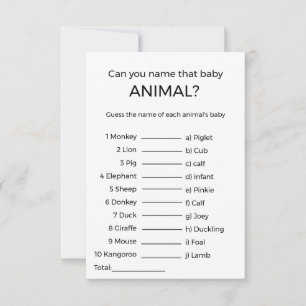 guess the name baby animal baby shower game Card
