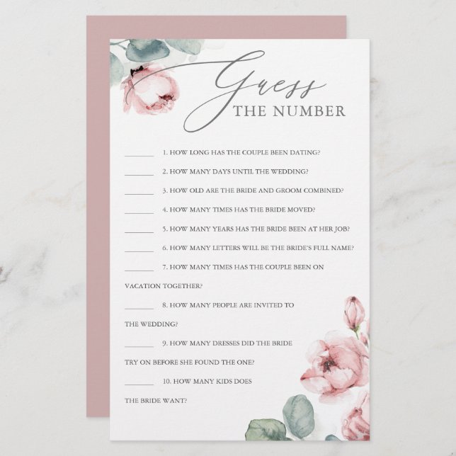 Guess The Number Dusty Rose Bridal Shower Game (Front/Back)