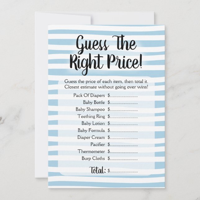 Guess The Price Baby Shower Game Blue White Invitation (Front)