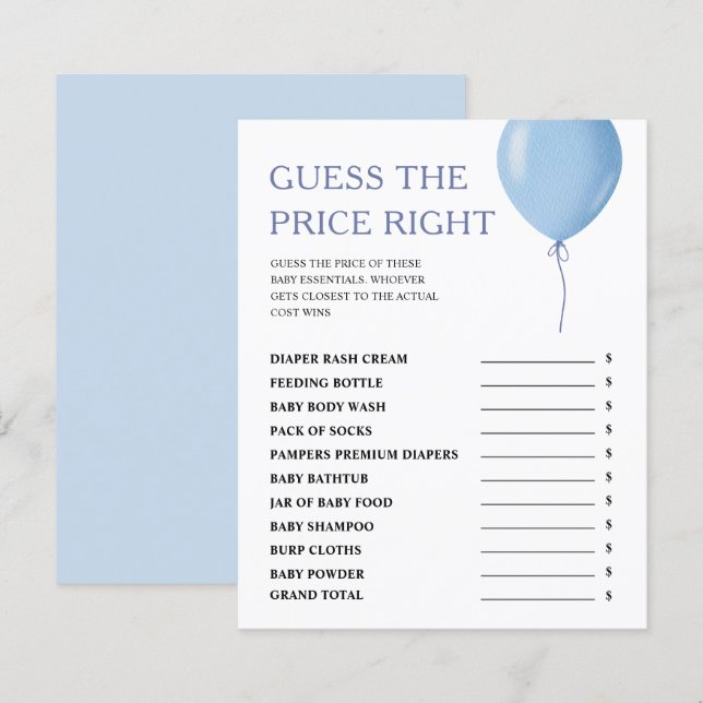 Guess The Price Blue Balloon Boy Baby Shower Game (Front/Back)