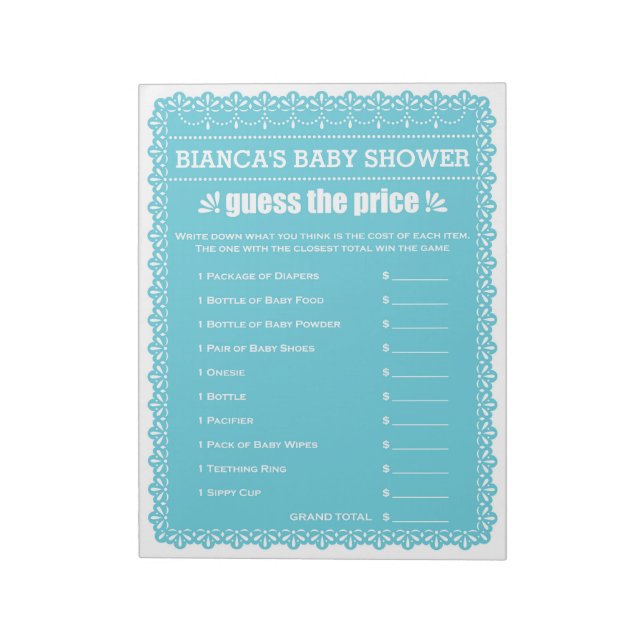 Guess The Price Blue Papel Picado Baby Shower Notepad (Rotated)