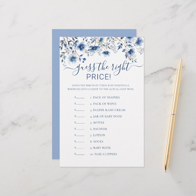 Guess the Price Blue Wildflowers Baby Shower Game (Front/Back In Situ)