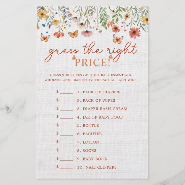 Guess the Price Boho Wildflowers Baby Shower Game (Front)