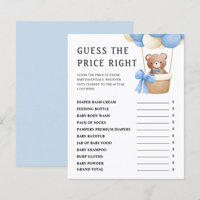 Guess The Price | Cute Teddy Bear Baby Shower Game (Front/Back)