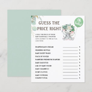 Guess The Price Elephant Green Baby Shower Game