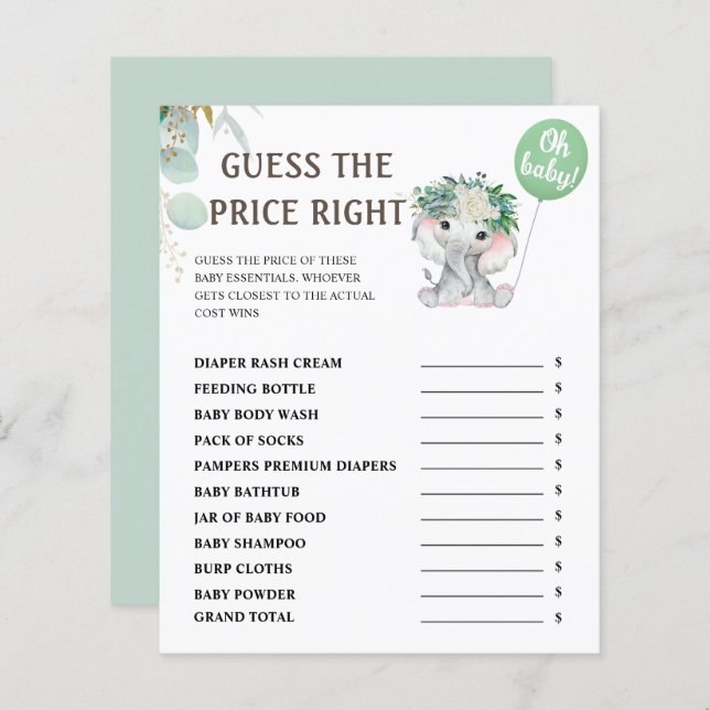 Guess The Price | Elephant Green Baby Shower Game (Front/Back)