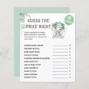Guess The Price   Elephant Green Baby Shower Game