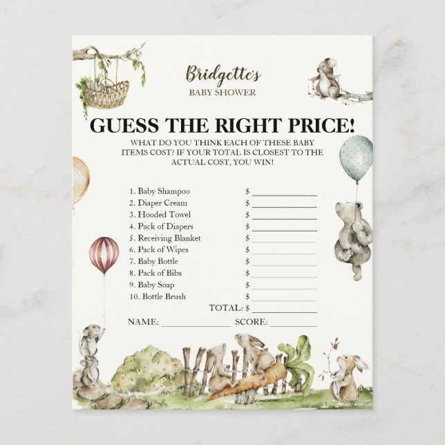 Guess The Price Forest Watercolor Baby Shower Game (Front)