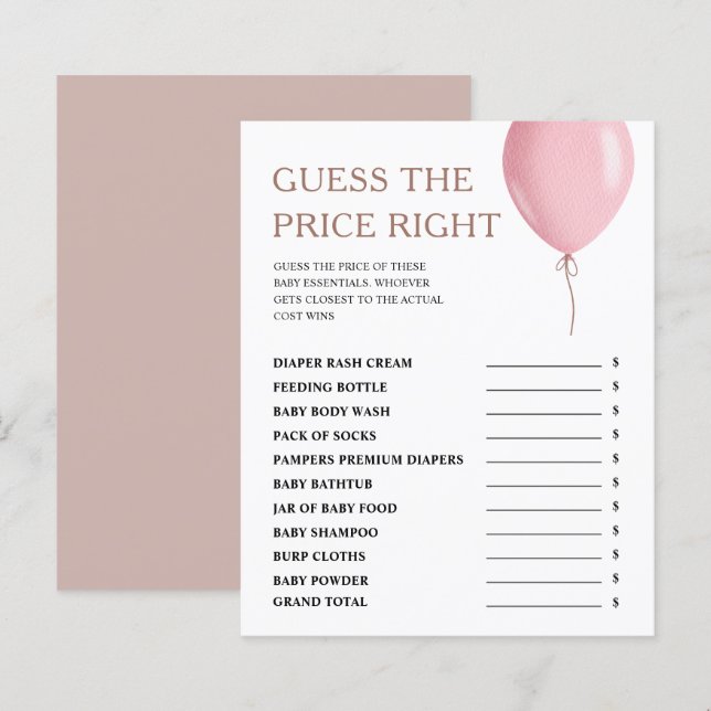 Guess The Price Pink Balloon Girl Baby Shower Game (Front/Back)