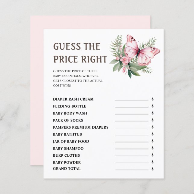 Guess The Price | Pink Butterfly Baby Shower Game (Front/Back)