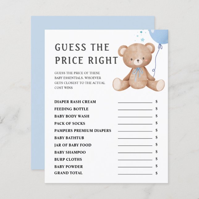 Guess The Price | Teddy Bear Boy Baby Shower Game (Front/Back)
