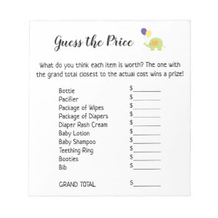 Guess the Price White w/ Cute Elephant Game Pages Notepad