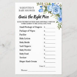 Guess the Right Price Blue Floral Baby Shower Game Flyer