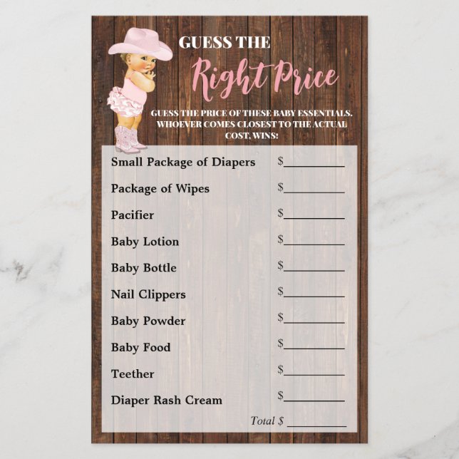 Guess the Right Price Cowgirl Baby Shower Game Flyer (Front)