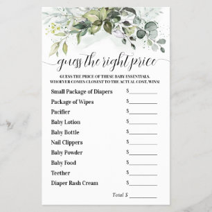Guess the Right Price Greenery Baby Shower Game Flyer