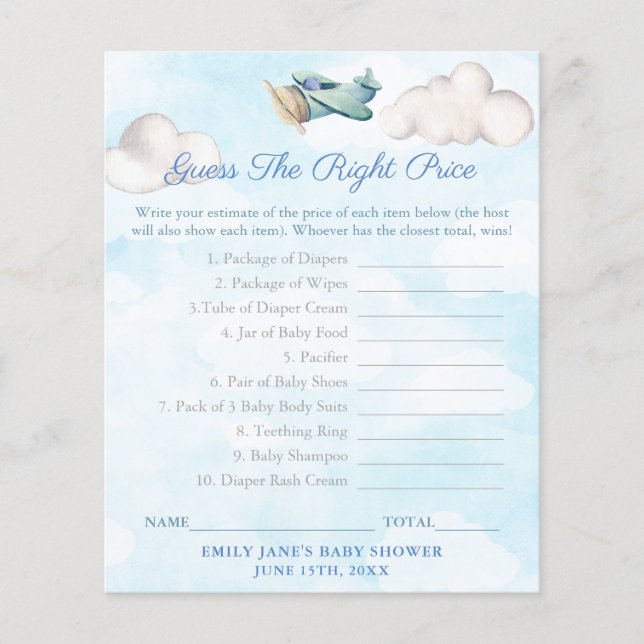 Guess The Right Price Travel Baby Shower Game Card (Front)