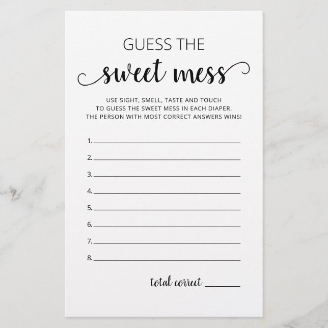 Guess the Sweet Mess Baby shower Game (Front)