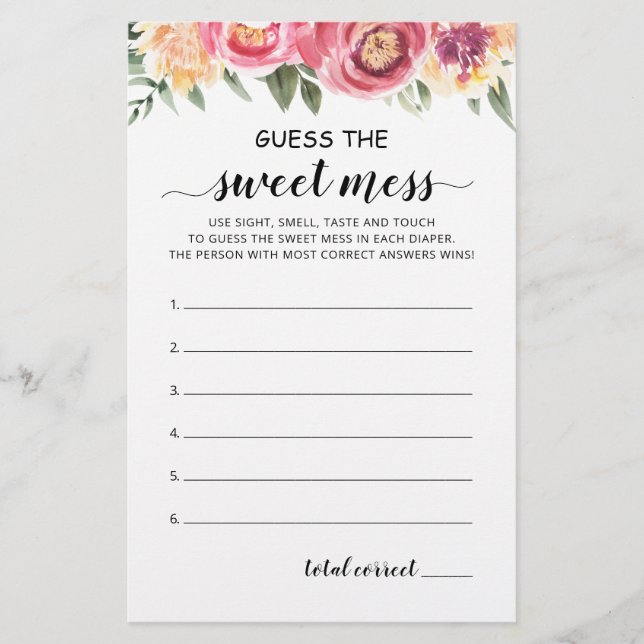 Guess the Sweet Mess Game Baby Shower party card (Front)