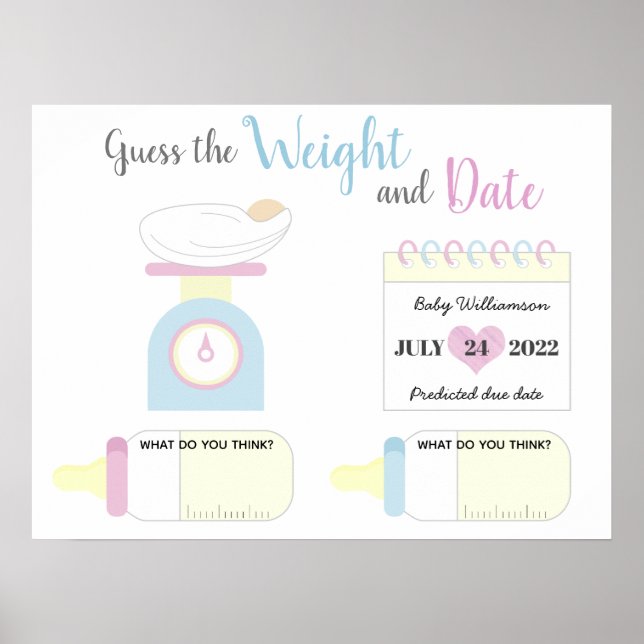 Guess the weight and date baby shower game poster (Front)