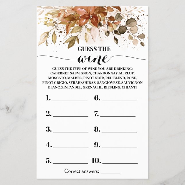Guess the Wine Autumn Bridal Shower Game Card (Front)