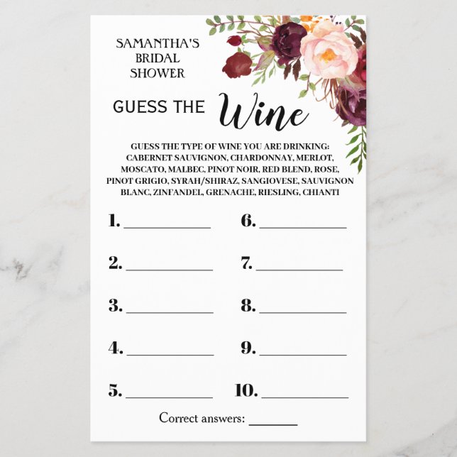 Guess the Wine Bridal Shower Marsala Game Card (Front)