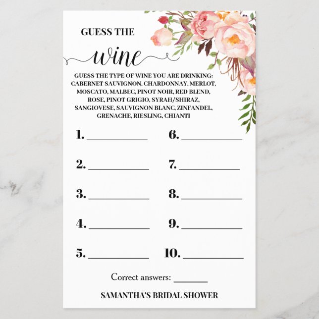 Guess the Wine Bridal Shower Pink Game Card (Front)