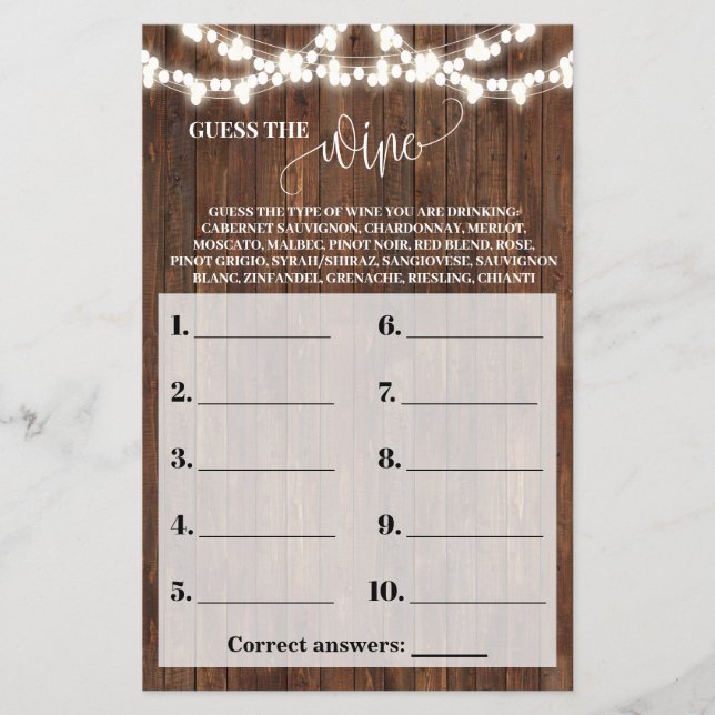 Guess the Wine Western Bridal Shower Game Card (Front)