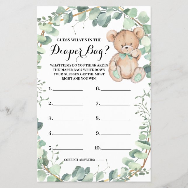 Guess What is in Baby Bag Bear Shower Game Card (Front)