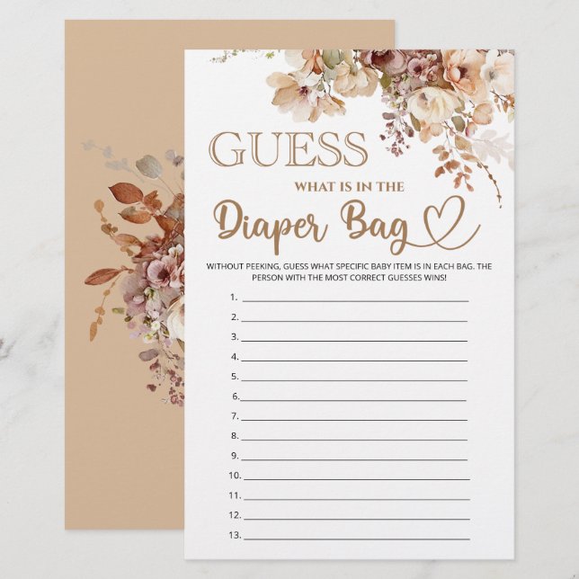 Guess what is in the diaper bag floral baby shower (Front/Back)