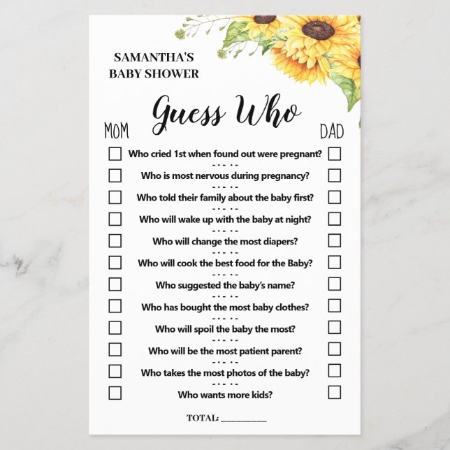 Guess who baby shower english spanish game card (Front)