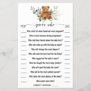 Guess Who Bear Greenery Baby Shower Game Card