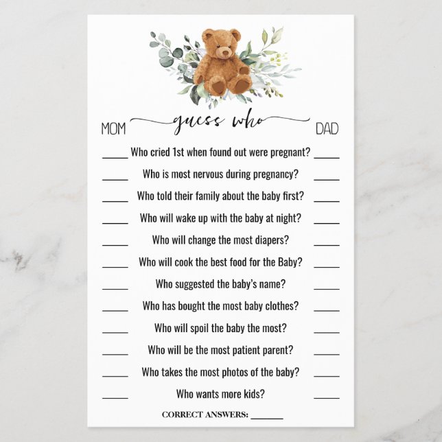 Guess Who Bear Greenery Baby Shower Game Card (Front)