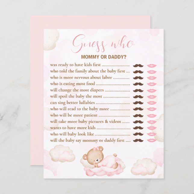 Guess Who Bear Pink Baby Shower Game (Front/Back)