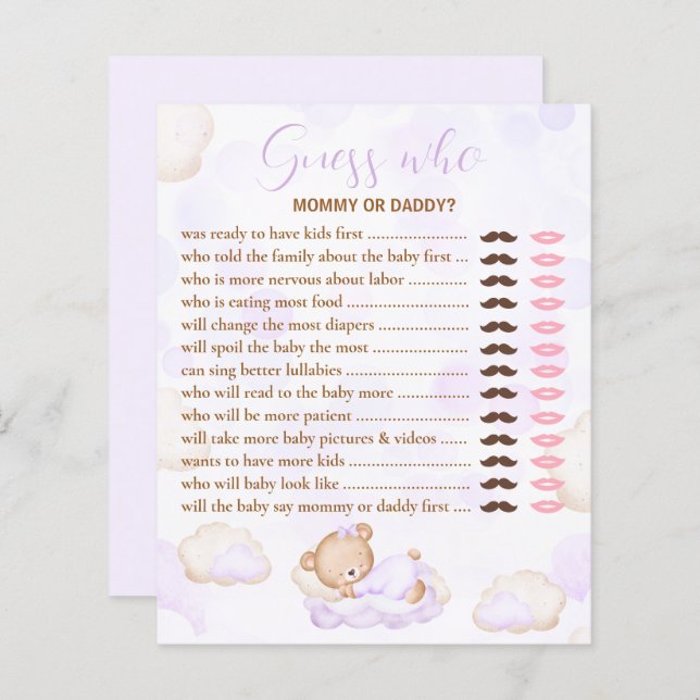 Guess Who Bear Purple Lavender Baby Shower Game (Front/Back)